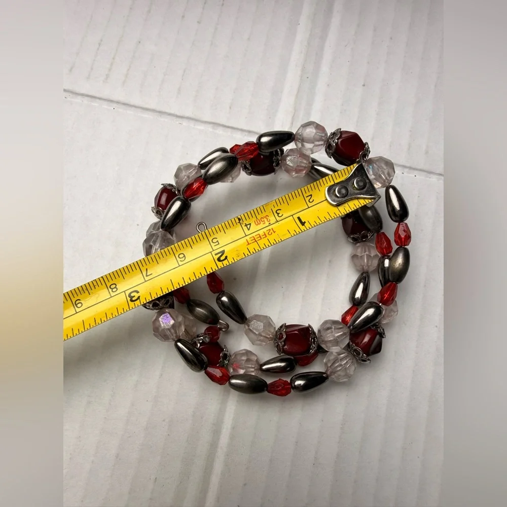 Red Clear‎ Silver Beaded Coil Bracelet Stretch Wire Multi Strand Filigree Wrist